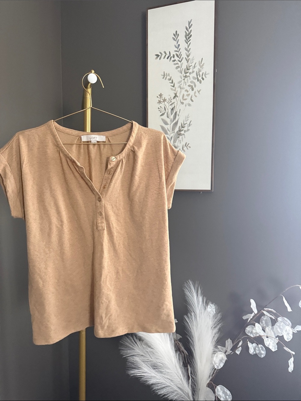 LOFT Short Sleeve Henley Top in Camel Tan